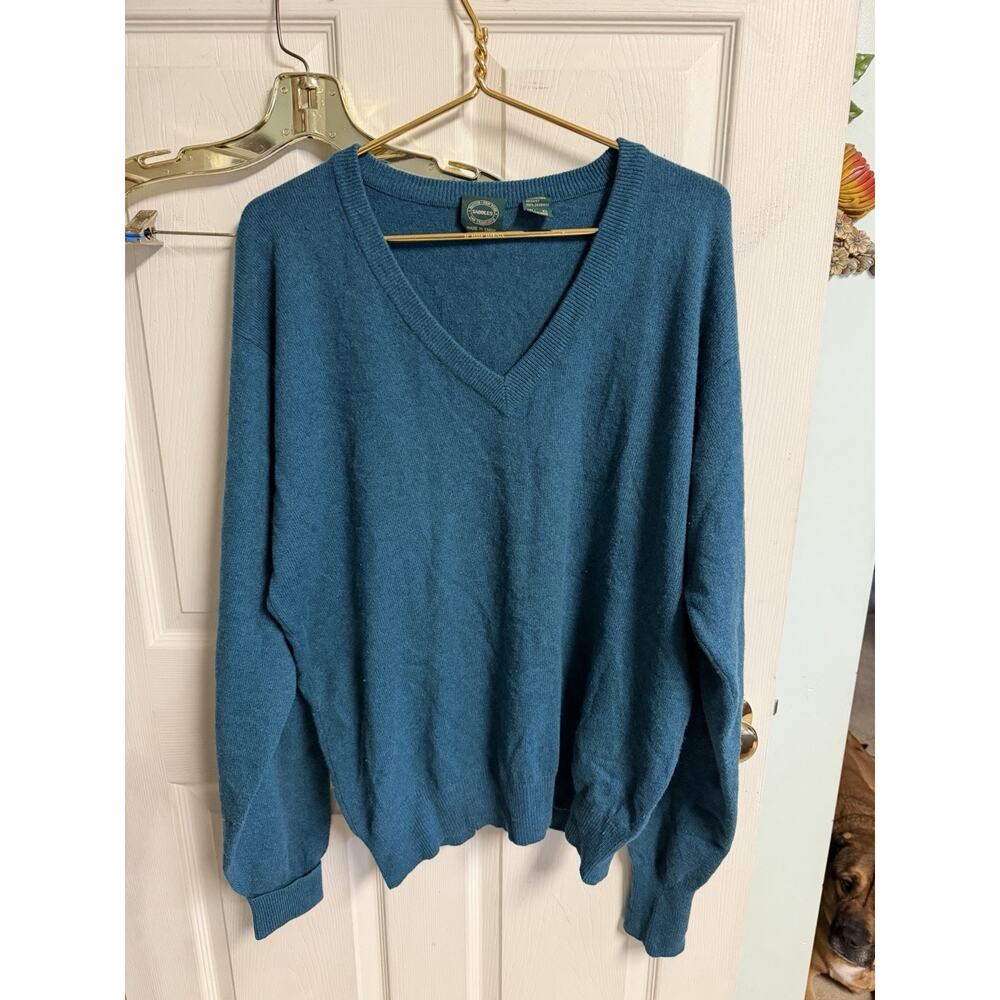 Vnt 70s Saddles V-neck 100% Cashmere Sweater Blue Teal Men’s XL 50w Preppy